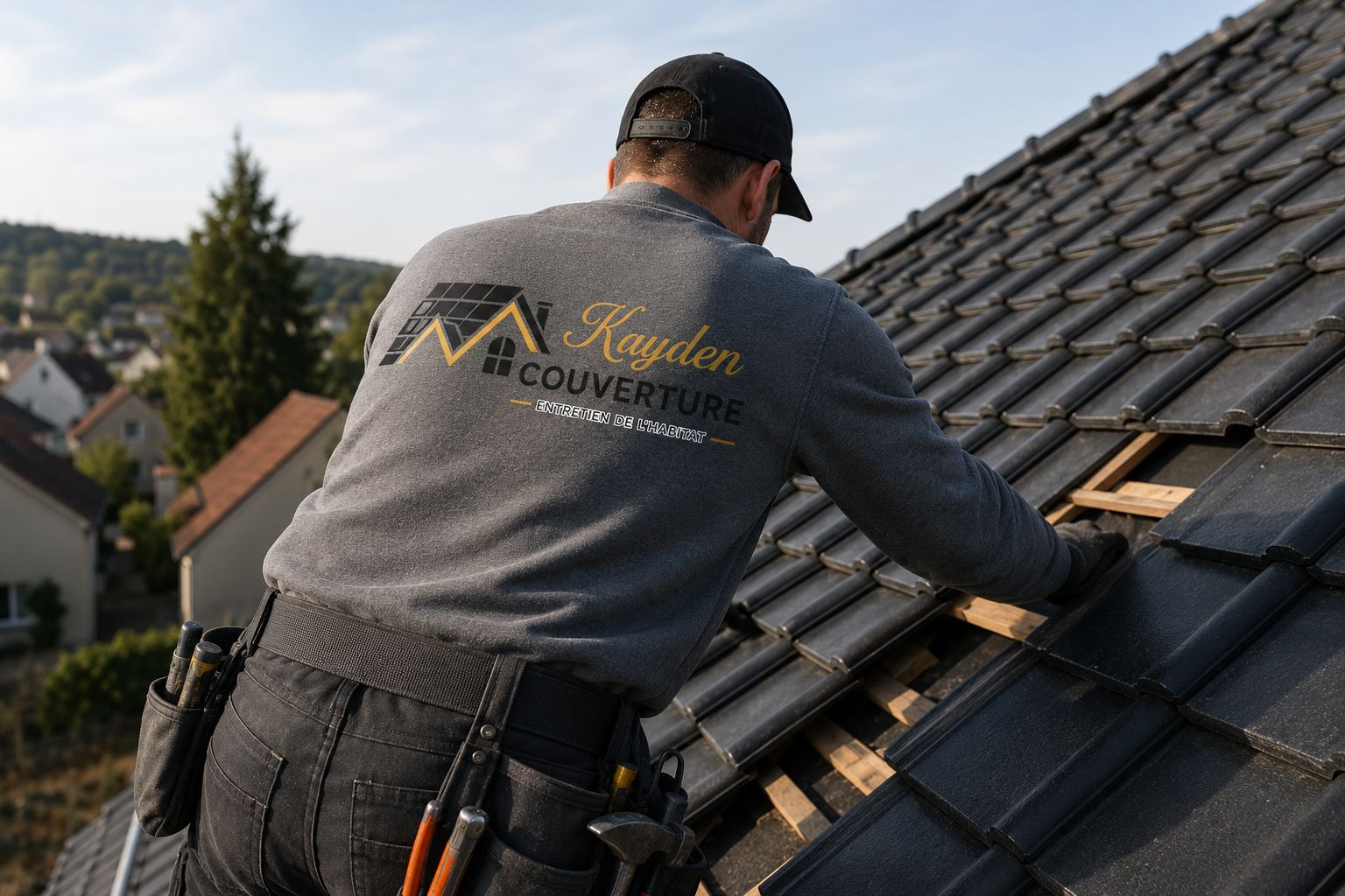 Couvreur Kayden Couverture au travail sur une toiture anthracite, au-dessus d'un village de la région