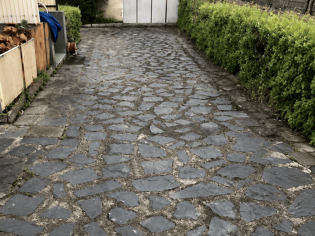 Terrasse encrassée avant nettoyage, joints envahis de mousse