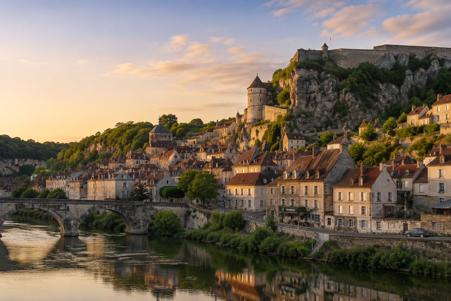 Cité de Bourgogne-Franche-Comté au bord de l'eau à l'heure dorée